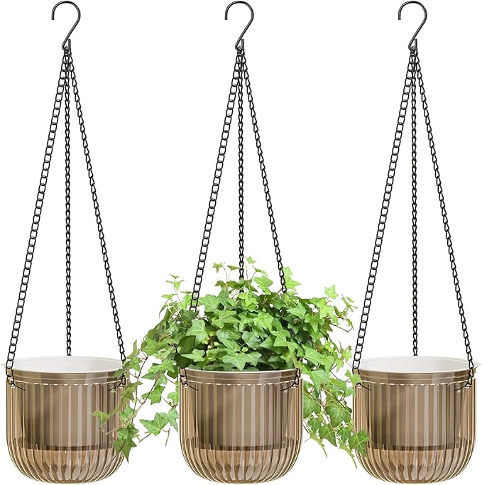 ZeeDix 3 Pack Self Watering Hanging Planters, 6.5 Inch Indoor Plant Pots with 3 Hooks Visible Water Level and Drainage for Home, Wall, Window Decor Outdoor Use(Starry Gray)