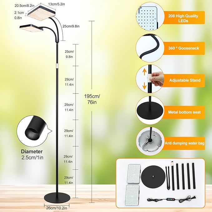 FECiDA 2026 2Head Floor Lamp Grow Light, Grow Lights with Stable Stand Base for Indoor Plants, Bonsai Tree, 4/8/12/16/20 Hr Timer, 50 Watt Power Draw, NO Need Adapter, 40"-76" Height Adjustable