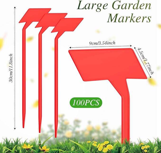 Marsui 202 Pcs Large Plant Labels Kit, Include 100 Outdoor Plastic Plant T Type Tags Waterproof Reusable Plant Markers Stakes, 100 PET Films and 2 Marker Pens for Herbs Pot (Red,11.8 Inch)