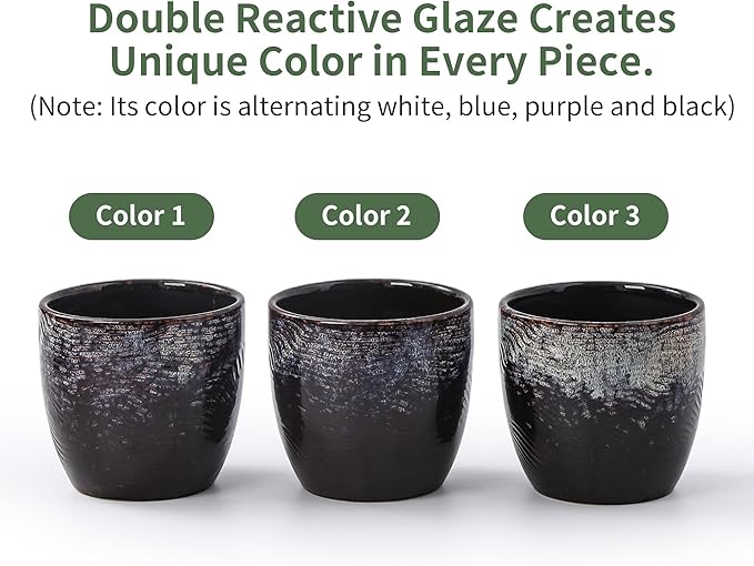 Set of 2 Ceramic Planters with Drainage Holes & Saucers - 4 + 5.75 Inch Purple & Blue Reactive Glaze Flower Pots - Unique Speckled Succulent Orchid Pots for Indoor Outdoor Modern Decor