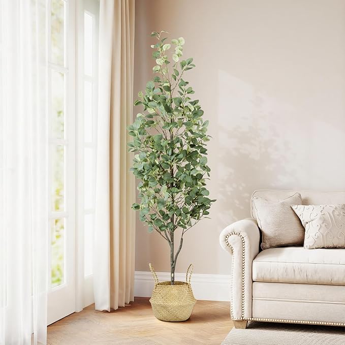6FT Artificial Eucalyptus Tree with Wicker Basket & Black Pot, Indoor Green Faux Eucalyptus Trees, Fake Eucalyptus Plants with Lifelike Leaves & Natural Trunk for Home Office Bedroom, 2 Pack
