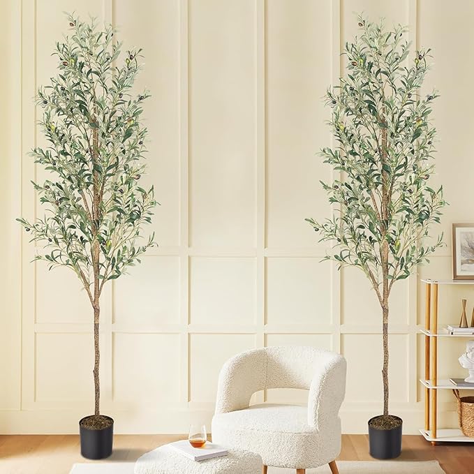 Artificial Fake Olive Tree 7FT Tall 2Pack Faux Silk Olive Tree for Home Living Room Office Decor Faux Artificial Plants Indoor Fake Potted Plants with Fruit & Free Moss
