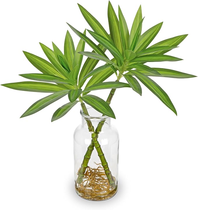 Artificial Plants Stems in Glass Vase with Faux Water,Fake Silk Plant Dracaena Leaves for Centerpiece Table Decorations Farmhouse Wedding Home Greenery Decor (Green)