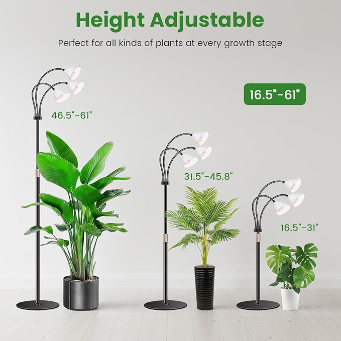 Wolezek Grow Lights for Indoor Plants with Stand, 3-Head 78 LEDs Full Spectrum Floor Plant Grow Lamp for Large Plants, Auto On/Off Timer 6/12/16H, 5 Dimmable Levels, Adjustable Height 16.5"-61"