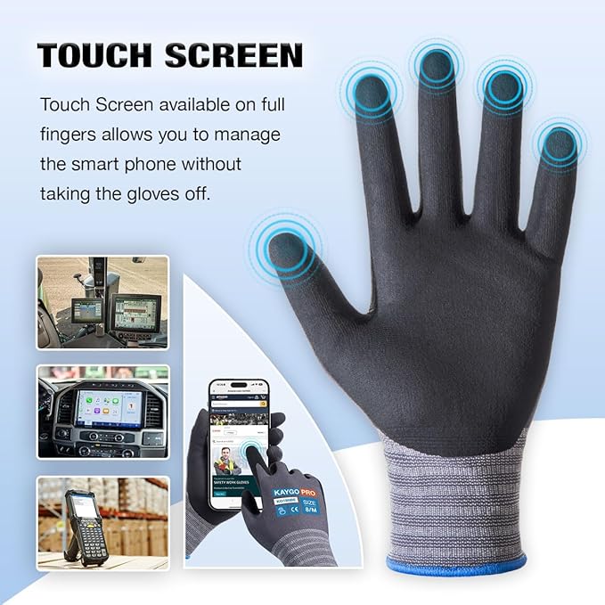 KAYGO Safety Work Gloves MicroFoam Nitrile Coated, 3 Pairs KG18NB,Seamless Knit Nylon Glove with full fingers Touchscreen, Ideal for Automotive,Warehouse,Construction (Gray, Large)