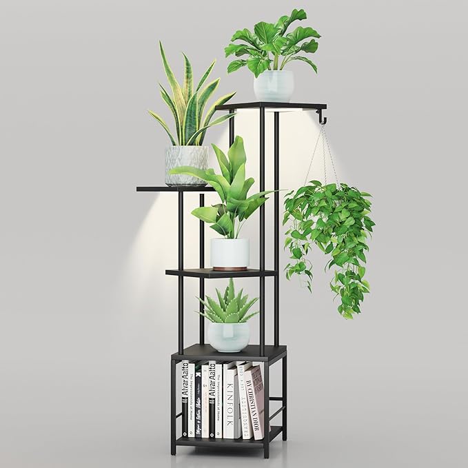 Homsorout Plant Stand Indoor with Grow Light, 5-Tiered Tall Plant Stand Indoor, Metal Plant Shelf with Hanging Basket Hook and Adjustable Light, Ideal for Living Room, Garden, Patio (Black )