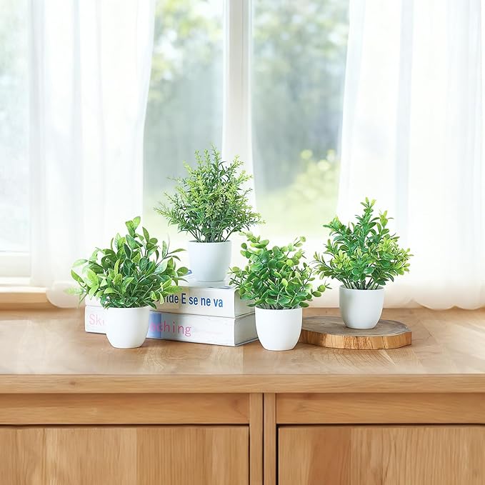 Mkono 4 Packs Fake Plants Mini Artificial Greenery Potted Plants Faux Eucalyptus for Spring Decor Home Indoor Office Table Shelf Room Bathroom Farmhouse Decor (White)
