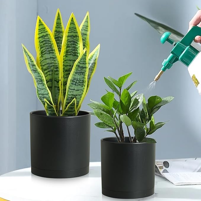 Meowell 10/8/6 inch Large Deep Plant Pots for Outdoor Indoor Plants, 3 Pack Tall Cylinder Flower Pots with Drainage Holes and Saucers, Big Plastic Planter Pots for Garden House Porch, Black