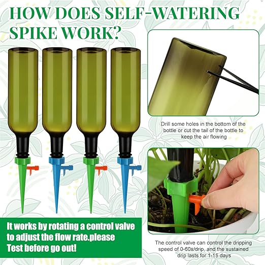 SiliFine 8 Set Plant Watering Devices with Self Watering Spikes and 26 oz Plastic Bottles Plant Waterer Devices with Adjustable Control Valve Switch Indoor Outdoor (Green)