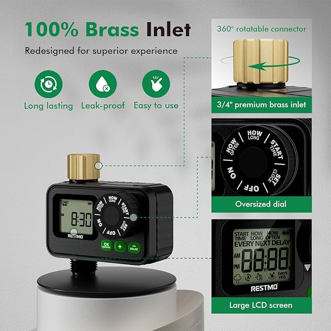 RESTMO Sprinkler Timer for Outdoor Hose Faucet, Up to 11h59m Programmable Watering Timer for Soaker Hose, Filling, Misting with Brass Inlet & Large Dial, Rain Delay/Manual/Automatic Irrigation System