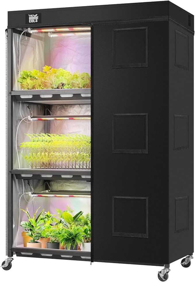 Indoor Greenhouse with Full Spectrum LED Grow Light and Tent, Indoor Gardening System with Watertight Plant Shelf Trays, 3-Tier Metal Plant Stand with Wheels, Microgreens Growing Kit