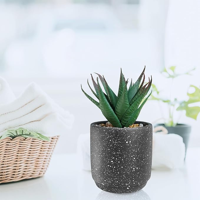 Winlyn 3-Pack Artificial Potted Succulent Plants - Aloe, Hops, String of Pearls - Realistic Faux Plants in Black Cement Pots - Modern/Contemporary Style - Ideal for Home Office Bathroom Indoor Decor