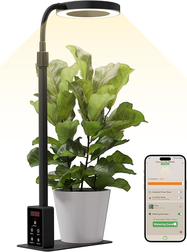 GLOWRIUM Smart LED Grow Lights for Indoor Plants G4, 12W Full Spectrum 3500K with Grow lamp, Bluetooth App Control, 10-Level Dimming, Gooseneck, Height Adjustable 16"-23", Auto Timer, (Black 12W)