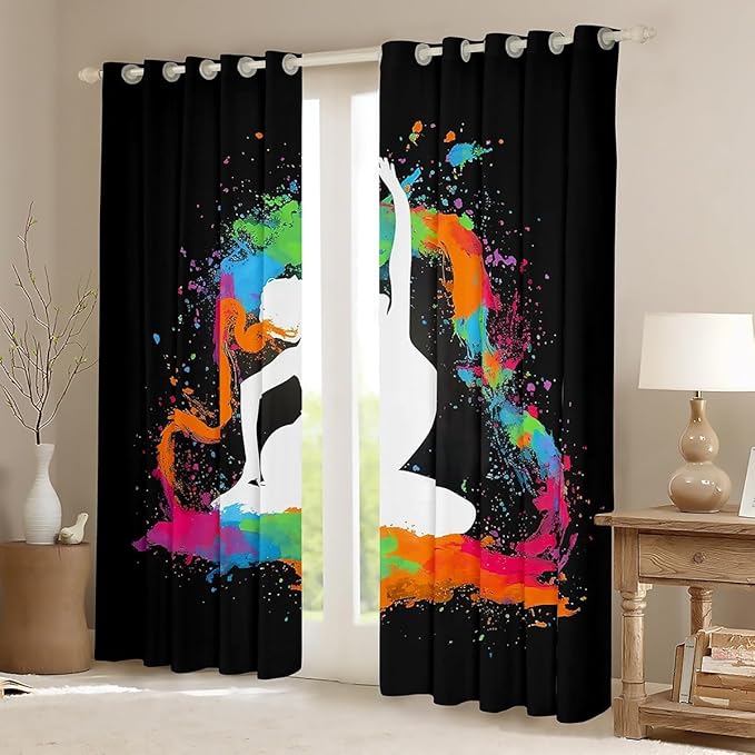 Ballet Window Curtains 2 Panels 52"Wx84"L,Ballet Dancer Ballerina Blackout Curtains,Watercolor Tie Dye Curtains & Drapes,Gym Sports Window Treatments Teal Orange Pink Red Green Yellow Purple Black
