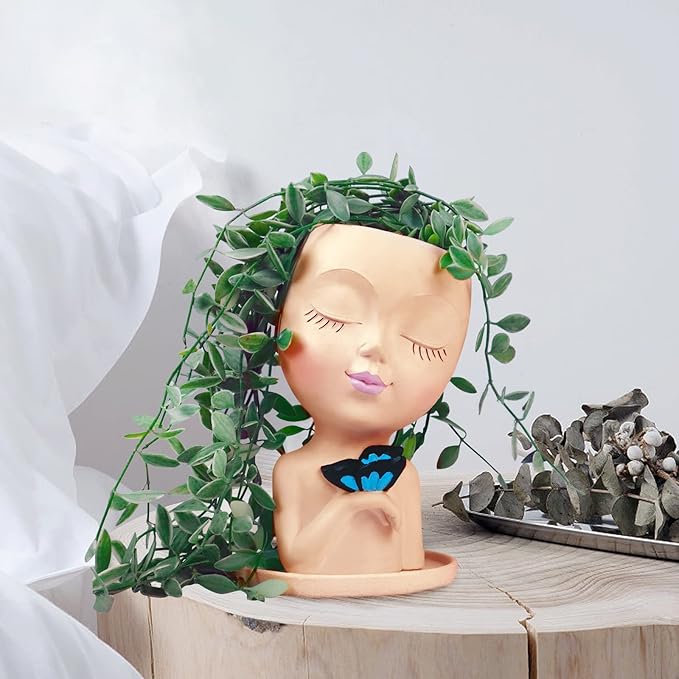 WEWEOW Face Planters for Outdoor Plants, Resin Succulent Pots with Drainage Hole Cute Lady Face Flower Pots