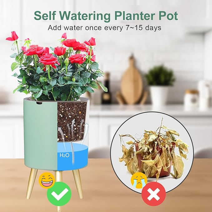 Oliz 7.8 Inch Planter Pot with Metal Craft Legs, Self Watering Planter Pots with Water Shortage Alarm Planter Pot for Indoor Outdoor Modern Planter for Home & Garden (Green)