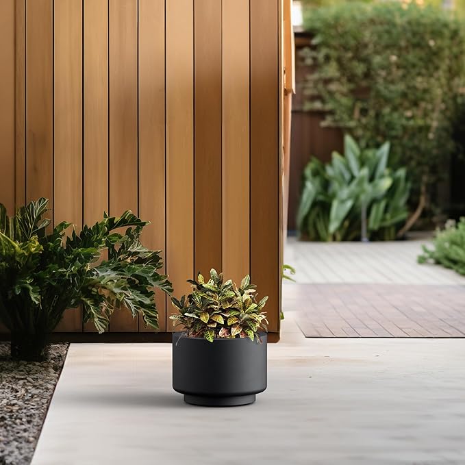 Kante 10 Inch Dia Concrete Planter, Round Pedestal Design Garden Pot for Indoor Outdoor Plants, Modern Flower Pot with Drainage Hole and Rubber Plug, Black