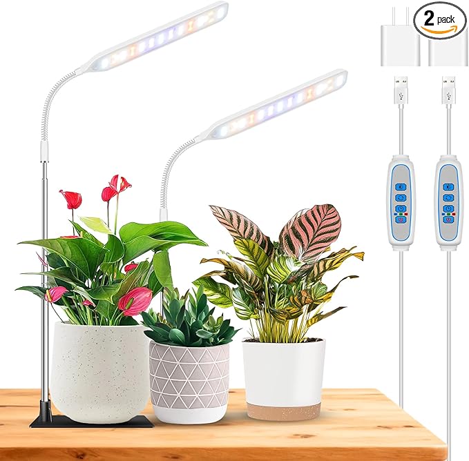 Wolezek Grow Lights for Indoor Plants, 52 LEDs Full Spectrum Plant Grow Light with Base, Height Adjustable Grow Lamp with Auto Timer 6/12/16H, 5 Dimmable Brightness, for Small Plants, White, 2-Pack