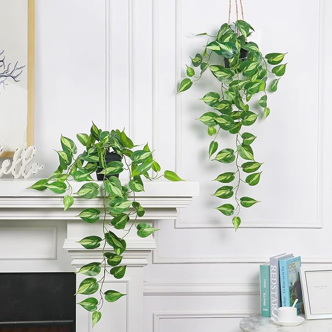 Realistic Artificial Pothos Vines with Pots - Fake Hanging Plants for Indoor Decor, Low Maintenance Silk Faux Greenery(2 PCS)
