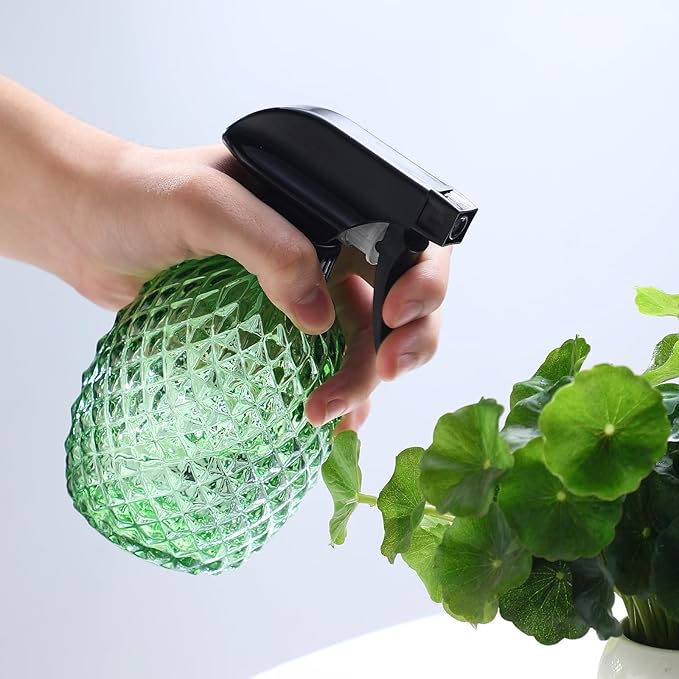 Glass Plant Mister Water Spray Bottle 12oz, Green Mist Spray Bottle for Inside Plants, Hair, Cleaning, Essential Oils, Cats
