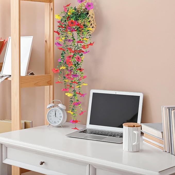 FAVOWREATH Fake Plants Hanging Artificial Potted Faux Eucalyptus Plants and Flowers for Modern Boho Farmhouse Bathroom Office Desk Wall Book Shelf Living Room Aesthetic Decor Indoor (Colorful)