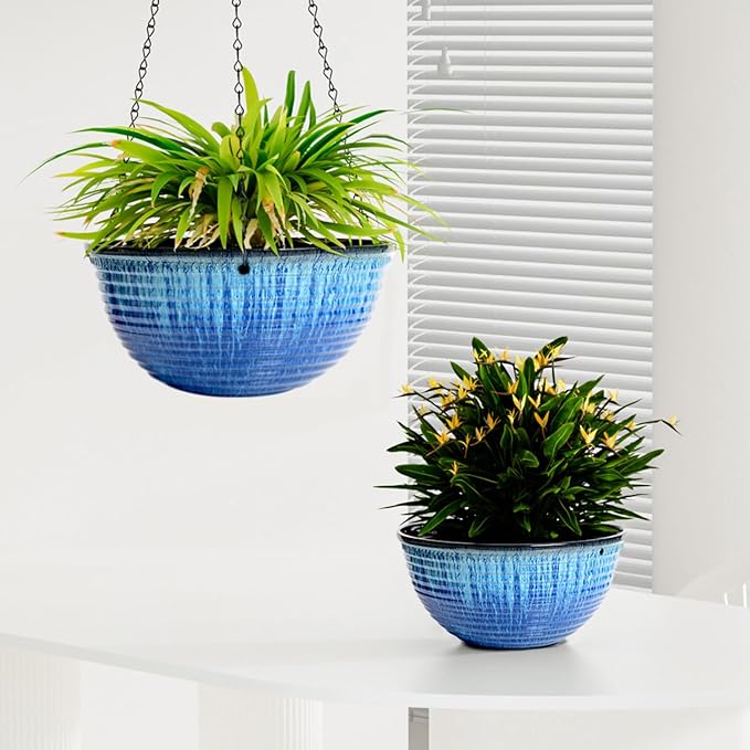 Vanslogreen 2 Pack Hanging Planters for Indoor Outdoor Plants, 10 Inch Hanging Planter with Drainage Hole & Plug Glazed Hanging Baskets Flower Pots for Garden Home (Blue Flow Glaze)