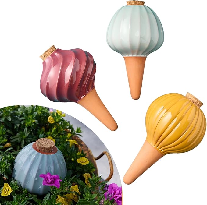 Modern Sprout Terracotta Self Watering Bulbs for Indoor Plants, 10oz Plant Watering Globes 3 Pack, Glazed Finish with Cork Top - Plum, Sage & Mustard, Decorative Plant Accessories Gift for Mom,Grandma