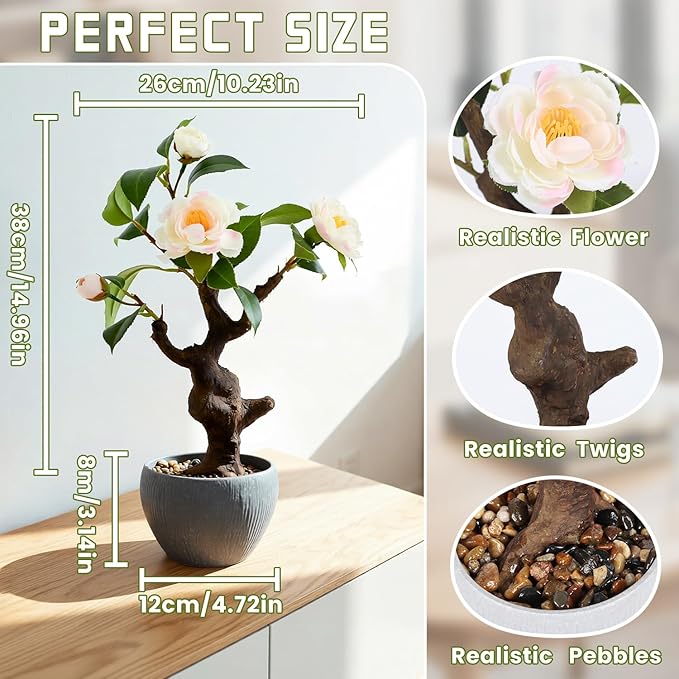 TOARTi Artificial Camellia Potted Plant with Stone Pot, 15" Tall Fake Potted Flowers Faux Plants Desk Decor, Realistic Decorative Plants Indoor Decor for for Home Bedroom Bathroom Office