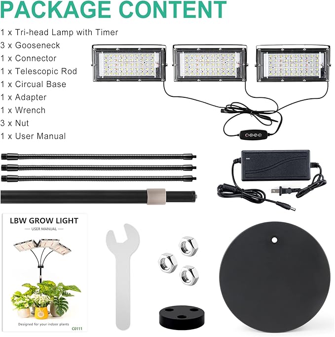LBW Grow Light for Indoor Plant,Full Spectrum Tri-Head Desk Plant Light,Grow Lamp with 3H/6H/12H Timer,6-Level Brightness,3 Lighting Mode,Height Adjustable,Flexible Gooseneck,Ideal for Indoor Growth