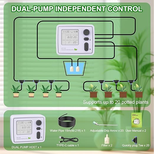 BZONE Dual Channel Automatic Watering System, Timer Drip Irrigation Kit for 20 Potted Plants, with Adjustable Programs & 3 Power Levels, 20 Emitters, 15M Hose for Indoor/Outdoor Garden