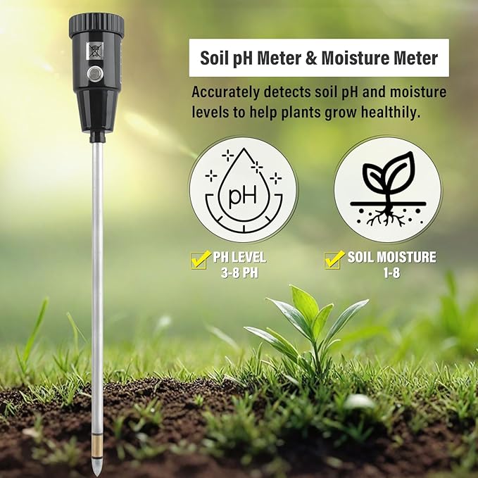 Soil pH Meter & Moisture Meter, 300mm Long Electrode, Soil Tester for Garden, Lawn, Farm, Indoor & Outdoor Use, No Battery Needed