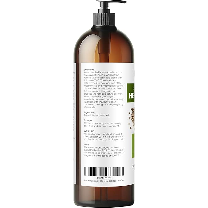 velona Hemp Seed Oil USDA Certified Organic - 32 Fl Oz | 100% Pure and Natural Carrier Oil | Unrefined, Cold Pressed | Hair, Body, Face & Skin Care