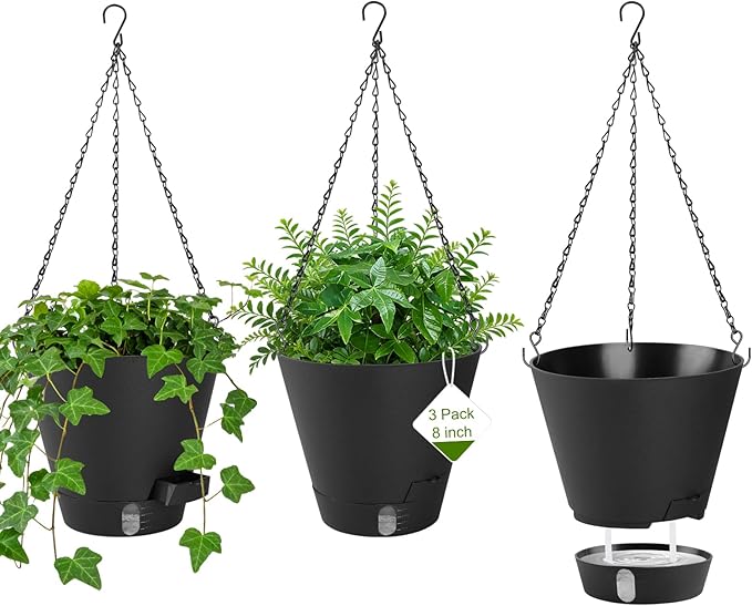 8 Inch Hanging Planters Indoor Outdoor, 3 Pack Plastic Self Watering Plant Pots with Drainage Holes & Saucers, Hanging Baskets Flower Pots with Chain for Ivy, Spider Plant, Pothos, Ferns