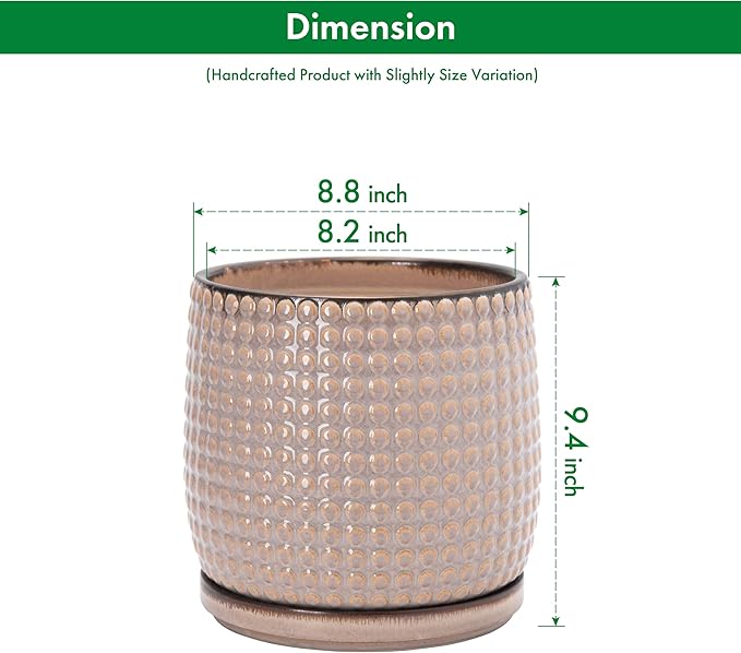 D'vine Dev 8 Inch Ceramic Beaded Stoneware Planter Pot - Flower Pot with Drainage Holes and Saucers for Indoor Succulent Plants or Flowers, Light Brown, 27-C-Q-4