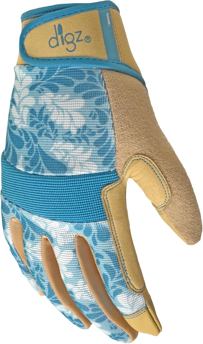 Digz Large Gardening Gloves for Women High Performance Thorn Proof Touchscreen Fingertips Reinforced Palm and Knuckle Padding Blue Leaves Pattern, 7607-23