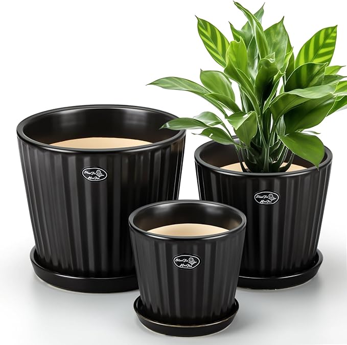 3 Pcs Ceramic Plant Pots 7.3/6/4.7 Inch Ceramic Flower Pot with Drainage Hole and Saucer Decorative Planter Indoor Outdoor for Gardening Home Desktop Office Windowsill Decoration Gift(Black)