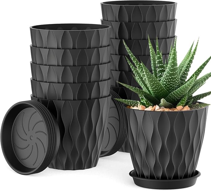 UOUZ 12 Pack 4 Inch Small Plant Pots with Saucers, Waffle Texture Plastic Planters with Drainage Holes for Indoor and Outdoor Plants, Flowers, Herbs, Succulents, and Seedlings, Black
