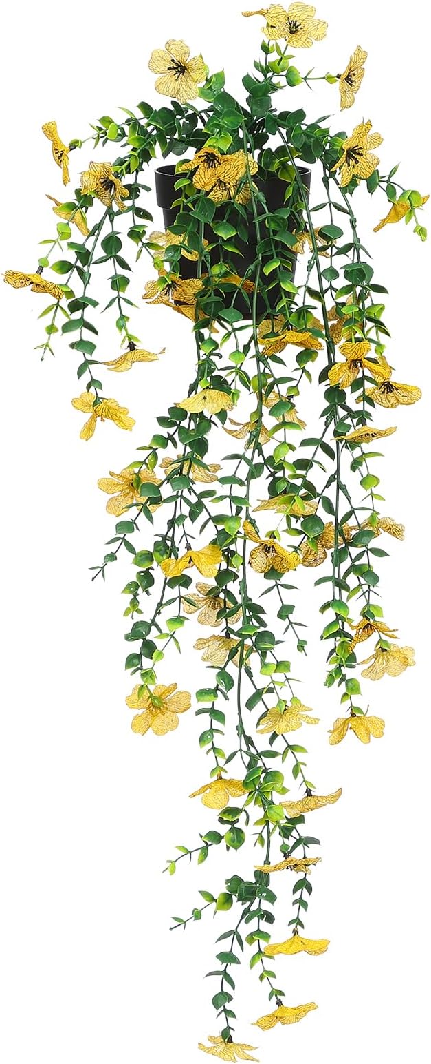 FAVOWREATH Fake Plants Hanging Artificial Potted Faux Eucalyptus Plants and Flowers for Modern Boho Farmhouse Bathroom Office Desk Wall Book Shelf Living Room Aesthetic Decor Indoor (Yellow)