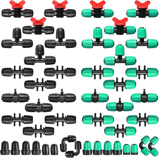 Glooglitter 40 Pcs 1/2" Tubing Irrigation Fittings Kit 1/2 ID x 0.6-0.63 OD 16 mm Drip Irrigation Barbed Connectors Include 6 Switch Valves 18 Barbed Tee 8 Ends 4 Adapters 4 Elbows (Black and Green)