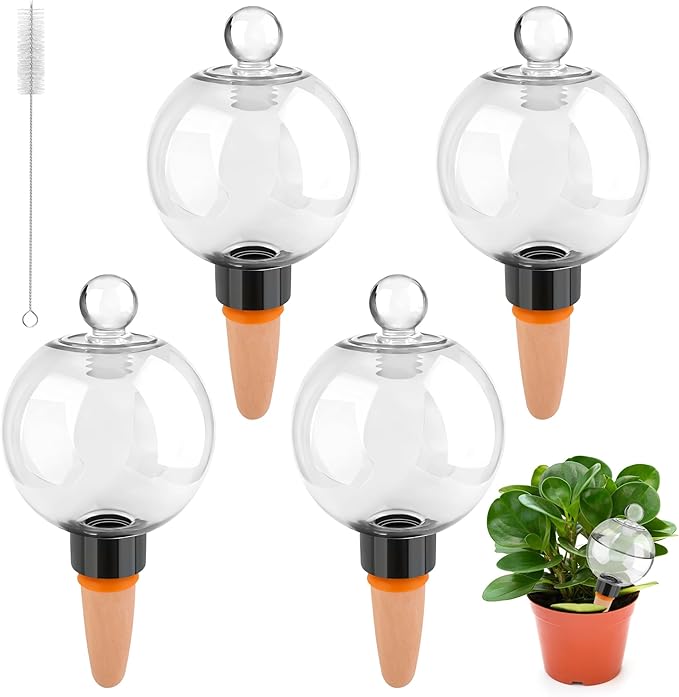 Coitak 4 PCS Plant Self Watering Globes with Covers, Brush, Plastic Plant Watering Devices System Slow Release, Automatic Self Watering Planter Insert for Plant Indoor Outdoor