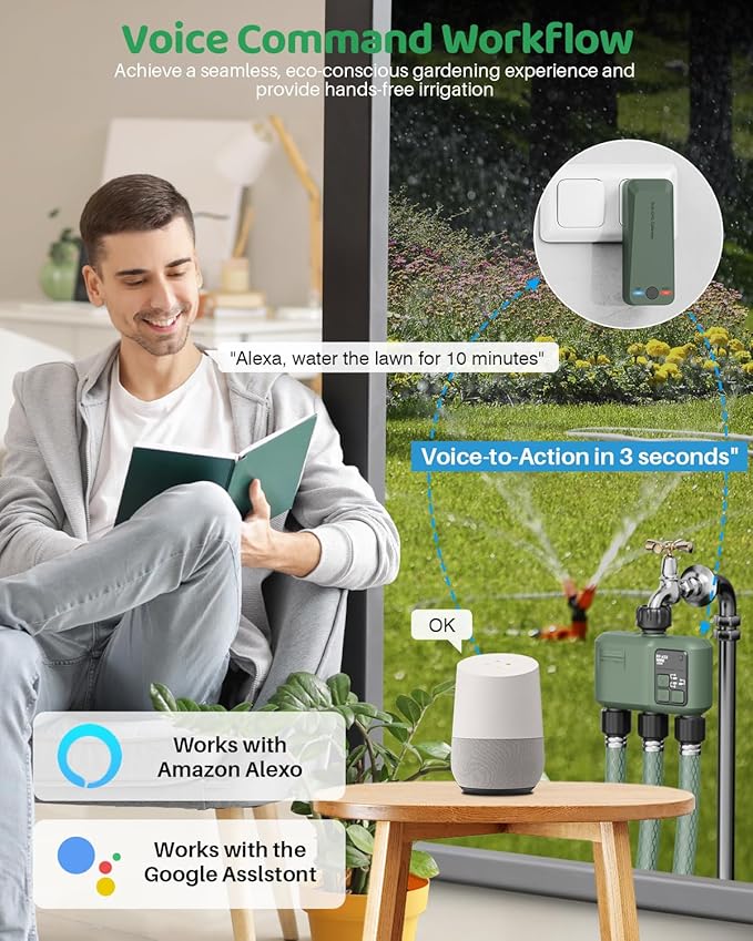 Smart Sprinkler Timer 3 Zone for Garden Hose, WiFi Water Timer with 984ft RF Range, Smart Lawn Watering System Irrigation Controller, APP/Voice Control, Rain Delay, Automatic/Manual Irrigation