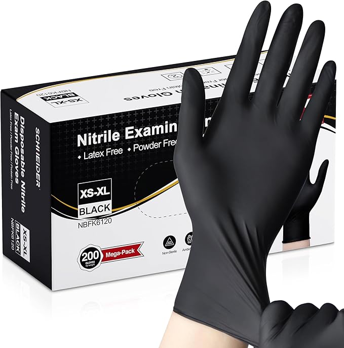 Schneider Nitrile Exam Gloves, Black Latex Free Powder Free Disposable Gloves for Medical, Cooking, Cleaning, and Food Prep