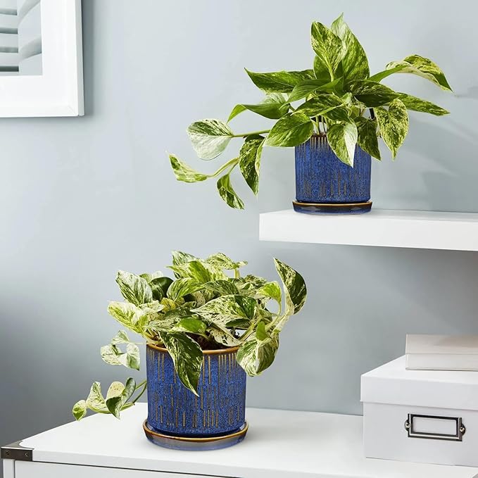 GnFlus Ceramic Plant Pots with Drainage Holes, Set of 2, 4.3+5.1 Inch Stripe Garden Planter Pots for Outdoor Indoor Plants Flower, Round Succulent Orchid Flower Pot Blue