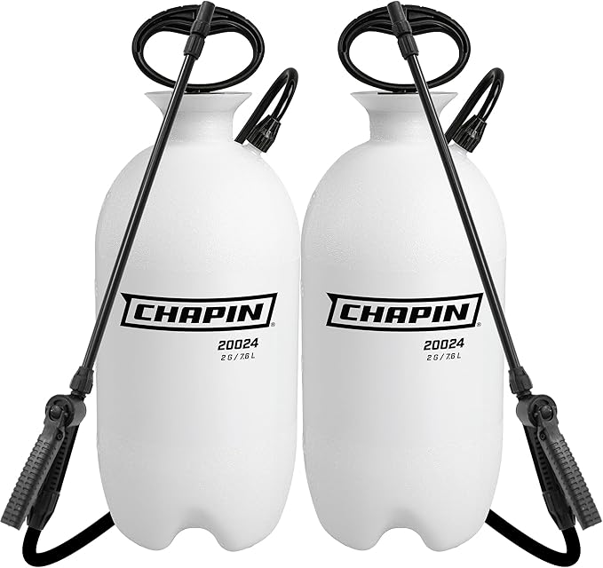 Chapin 20024 Pump Sprayer, 2‑Gallon, Lawn & Garden, Translucent Poly Tank, Funnel‑Top, SureSpray Anti‑Clog Filter, Adjustable Cone Nozzle & 34" Hose for Fertilizer, Weed & Pest Application, Pack of 2