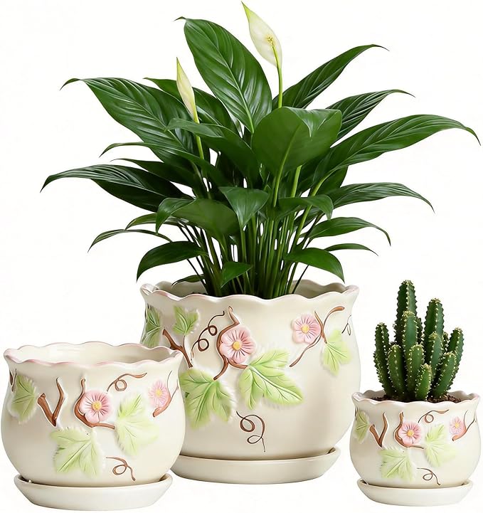 Vintage Flower Pots for Indoor Plant, Round Ceramic Plant Pots with Drainage Holes and Saucers, 6.7/5.2/3.9 Inches Retro Flower Planters Set of 3 (Morning Glory)