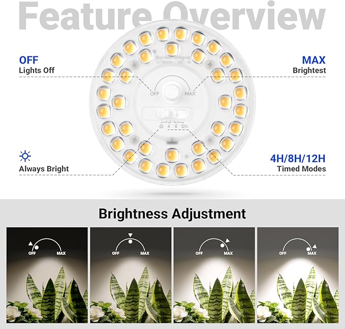 Barrina Orbgrow OG11A Grow Light Bulbs for Indoor Plants, Integrated Dimming & Timing, 4000K 44W(4 x 11W, 400 Watt Equiv), E26 Plant Light Bulb, Full Spectrum for Seeds and Greens, 4 Packs, White