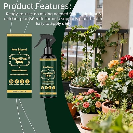 Neem Oil Spray for Plants with Peppermint Oil, Natural Botanical Blend Plant Wash, Ready-to-Use Essential Oil Spray for Indoor and Outdoor Houseplants and Gardens, 3.38 FL OZ (1PCS)