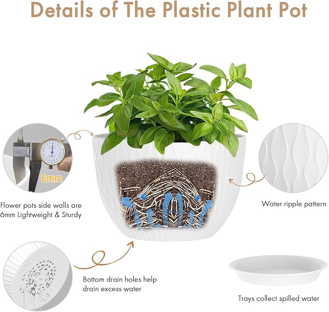 WSMKSZ 12 Inch Large Plant Pots for Indoor or Outdoor Plants, Wide Water Ripples Flower Pots with Drainage Holes & Saucer, Plastic Planters Set for Garden & Home Decor (White)