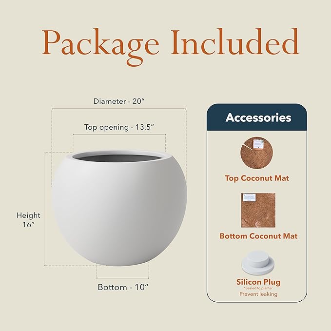 KUTE NEST 16" H x 20" D Premium Globo Fiberstone Round Planter with Drainage Hole, Weather Resistant for Indoor and Outdoor Use, Included 2 Extra Coco Mats (Light French Gray, 13.5" Pot Opening)