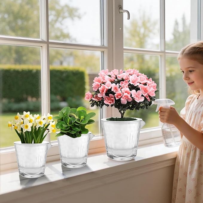 Yummy Sam Self Watering Pots for Indoor Plants, 5 Pack 2Size-7/5 Inch Clear Plastic Planters, Pot for Indoor or Outdoor, for Garden, Flower, Nursery